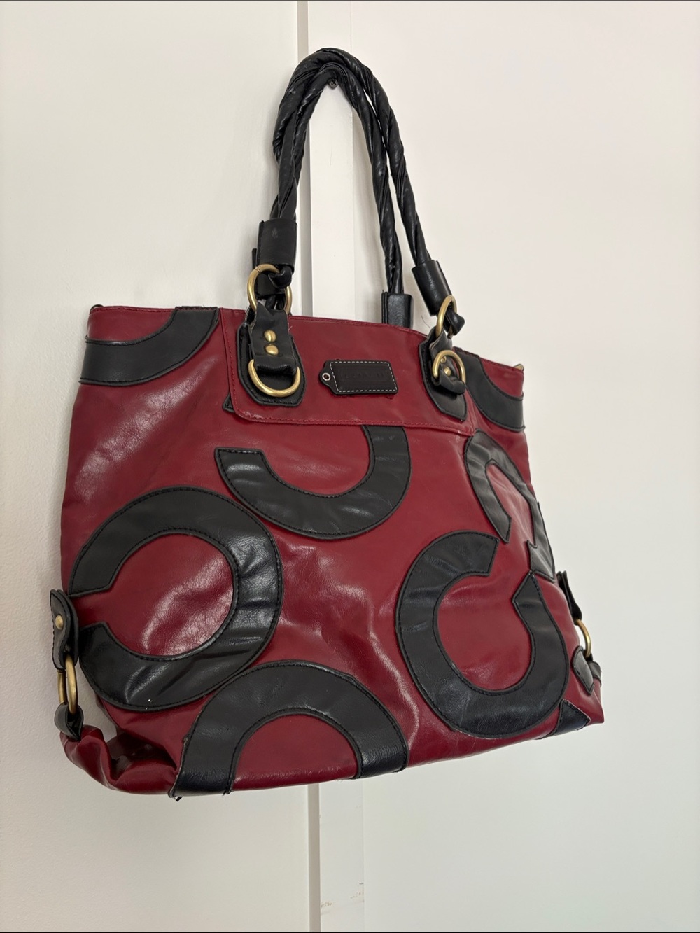 Coach Red Leather Tote Shoulder Bag with Black Appliqué - 17180